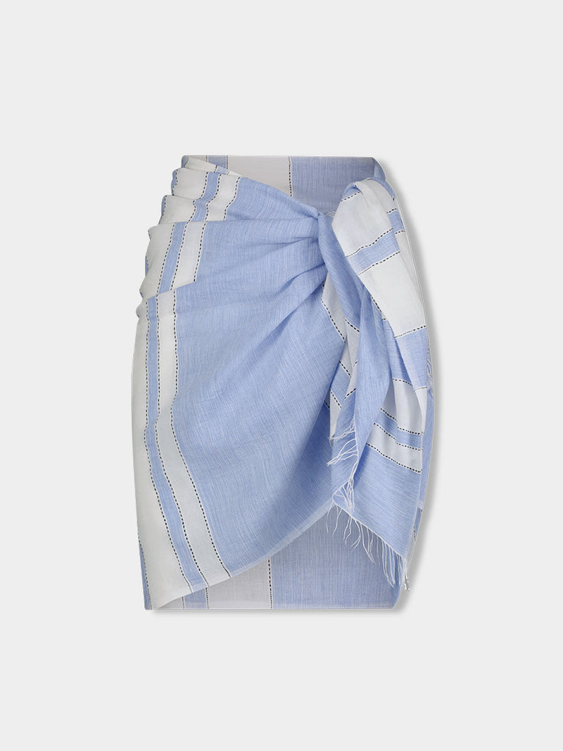 Product Front shot  of lemlem LEMA Sarong featuring bold, crisp white stripes on a sky-blue background, accented with black stitch detailing