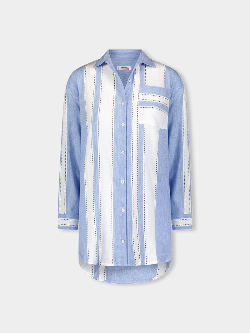Product Front shot of lemlem  MARIAM Shirt featuring bold, crisp white stripes on a sky-blue background, accented with black detailing.