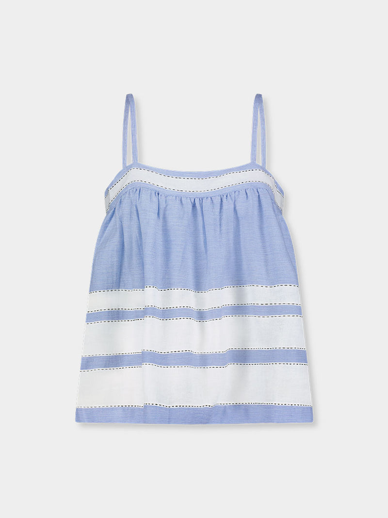 Product Front shot of lemlem  THEA Tank Top featuring bold, crisp white stripes on a sky-blue background, accented with black detailing.