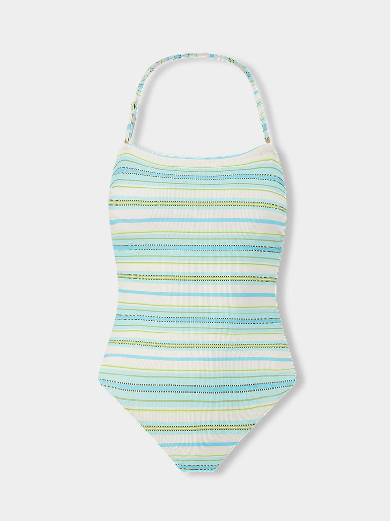 Product front shot of lemlem DINHA One Piece featuring a chic stripe pattern in aqua blue and sage tones, delineated by dark olive dots and accented with a splash of neon yellow on a cream background