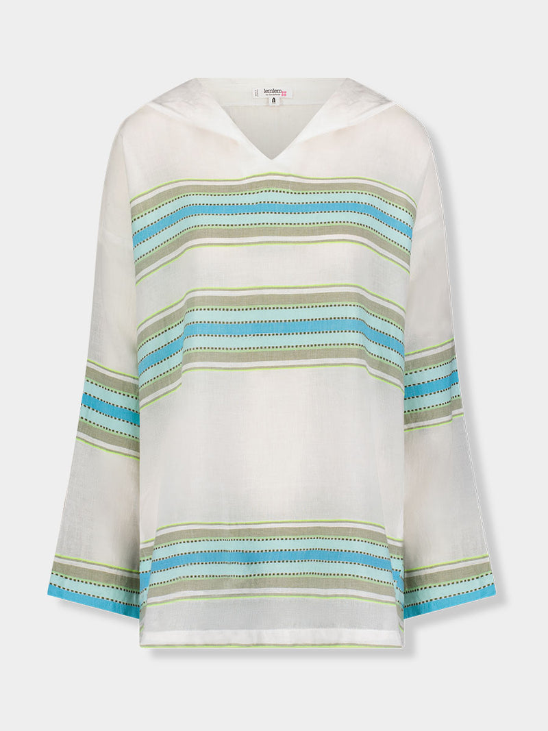 Product front shot of lemlem HENOK Hoodie  featuring a chic stripe pattern in aqua blue and sage tones, delineated by dark olive dots and accented with a splash of neon yellow on a cream background