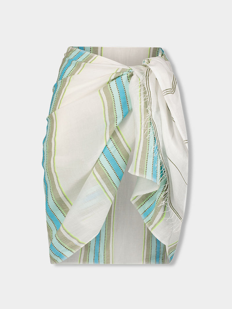 Product front shot of lemlem LEMA Sarong featuring a chic stripe pattern in aqua blue and sage tones, delineated by dark olive dots and accented with a splash of neon yellow on a cream background