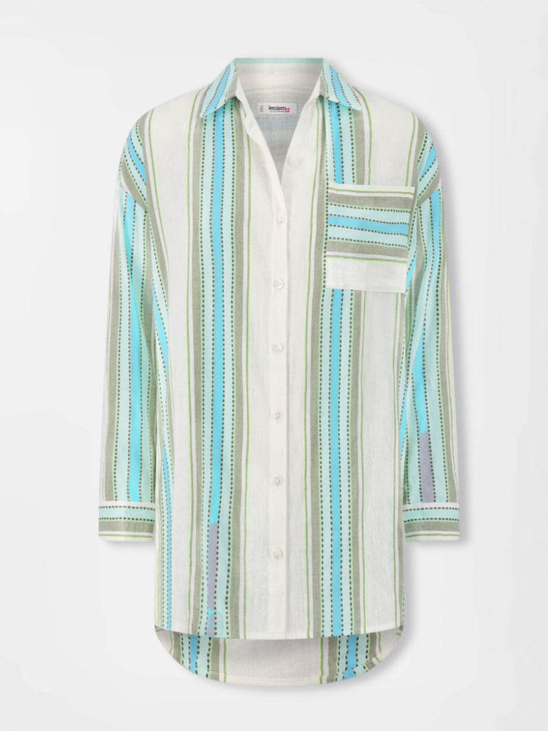 Product front shot of lemlem MARIAM Shirt featuring a chic stripe pattern in aqua blue and sage tones, delineated by dark olive dots and accented with a splash of neon yellow on a cream background