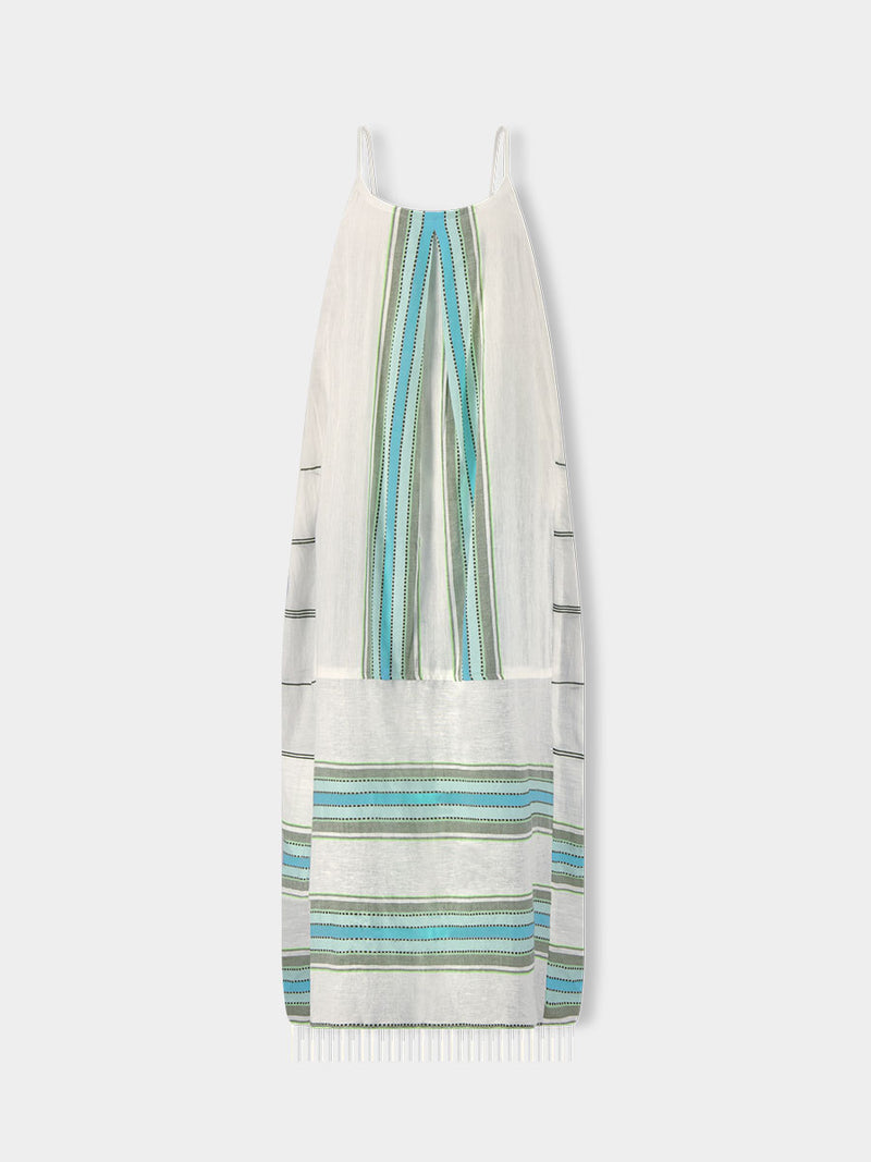 Product front shot of lemlem NIA Slip Dress featuring a chic stripe pattern in aqua blue and sage tones, delineated by dark olive dots and accented with a splash of neon yellow on a cream background