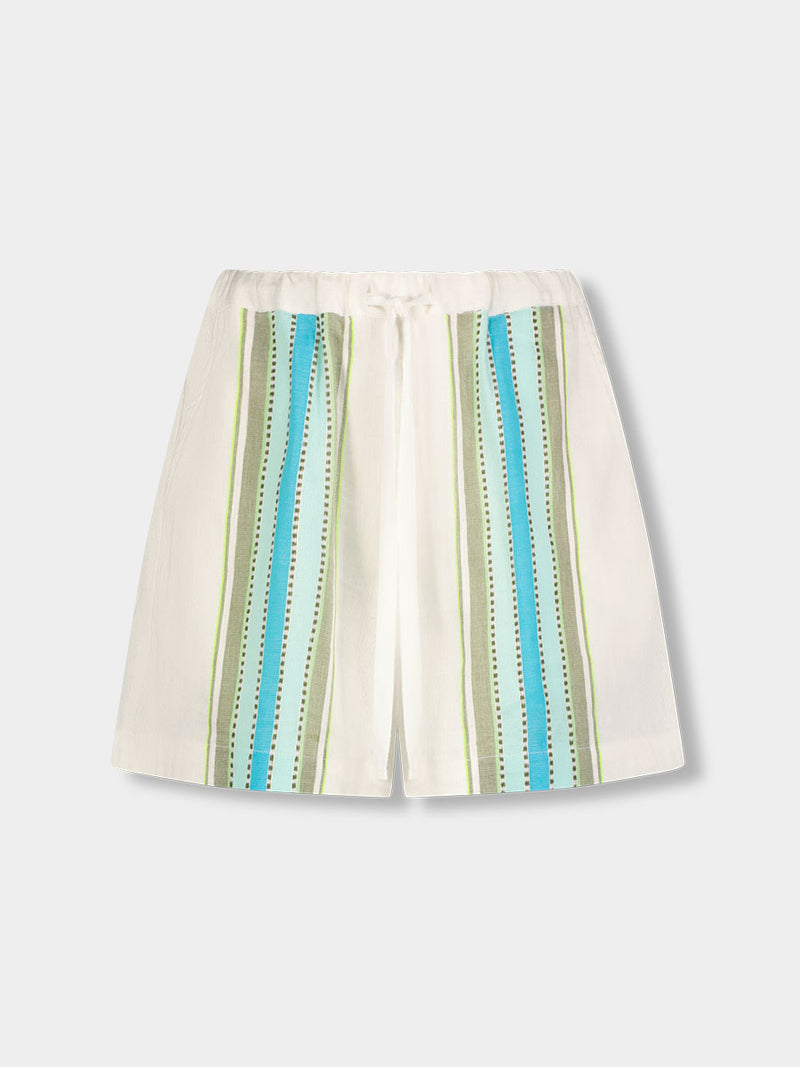 Product front shot of lemlem SAFIA  shorts featuring a chic stripe pattern in aqua blue and sage tones, delineated by dark olive dots and accented with a splash of neon yellow on a cream background