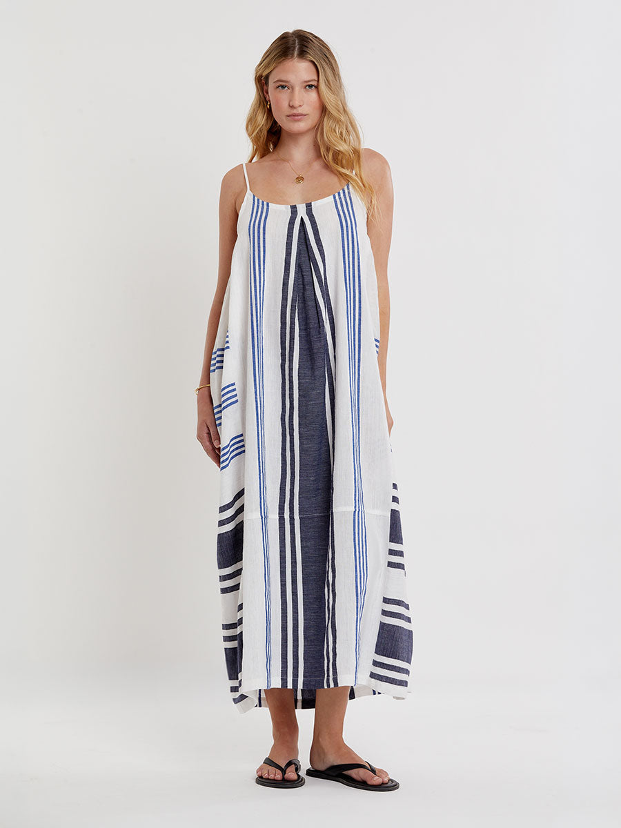 blue and white slip dress lemlem Nia in Marina at Air Supply Marina Blue / XS Size:US16 Short Formal out back accented with Unique Traditional Dress Designs
