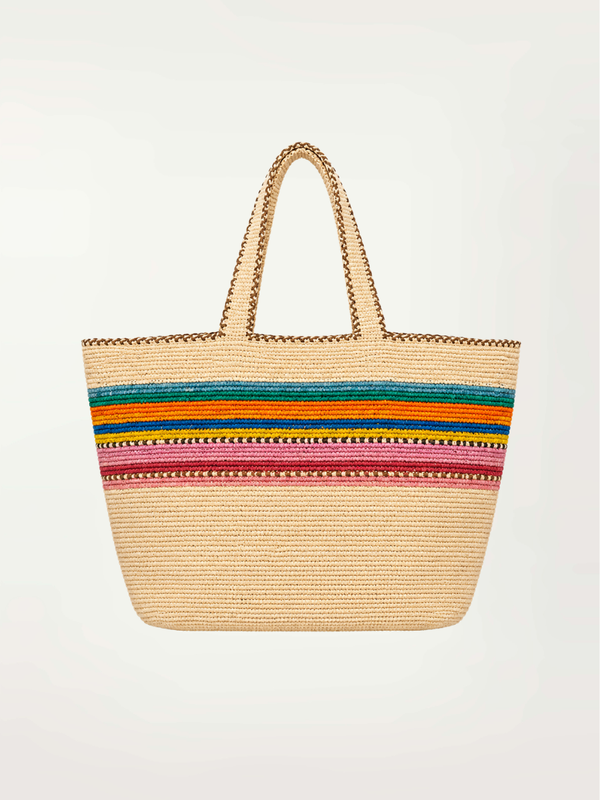 Product shot of lemlem MIRA Raffia Tote featuring multicolored striped pattern on natural raffia background