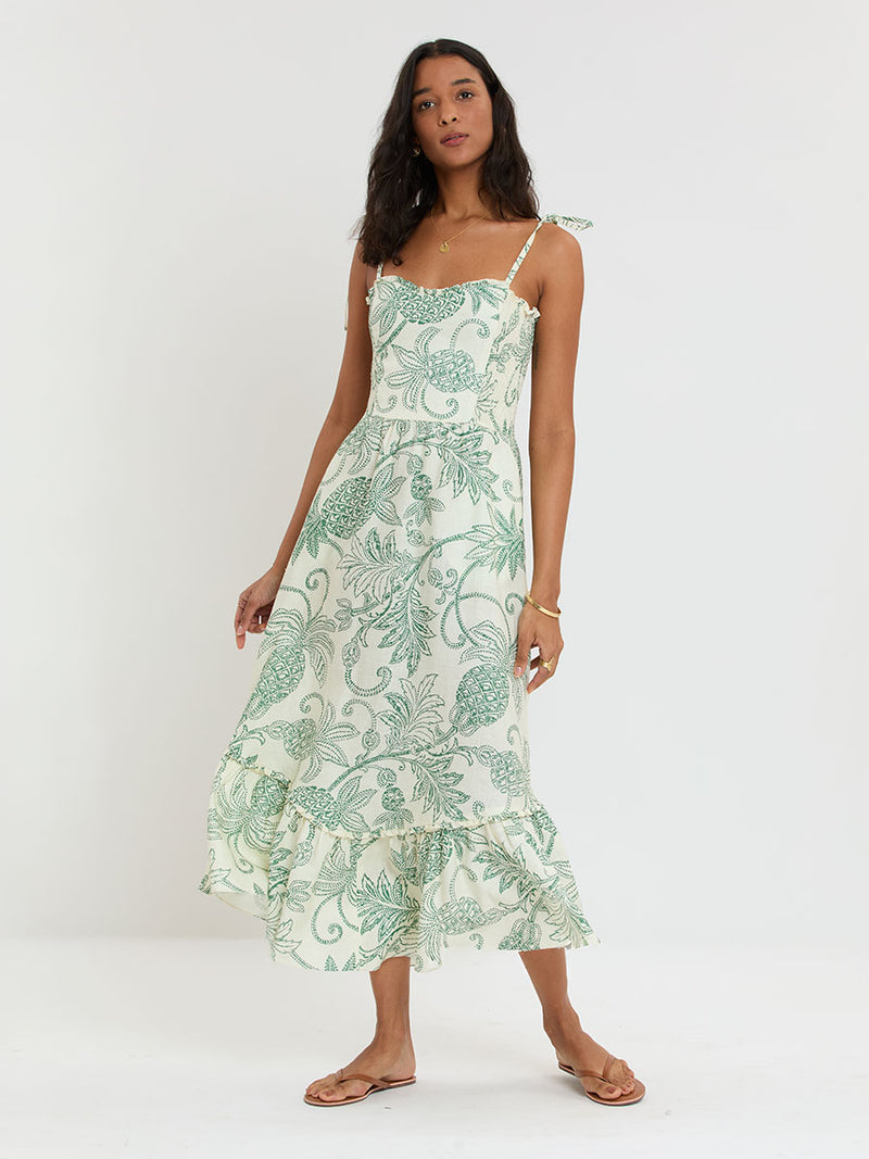 green pineapple dress Embroidered Pineapple Applique Dress in Linen Blend Green