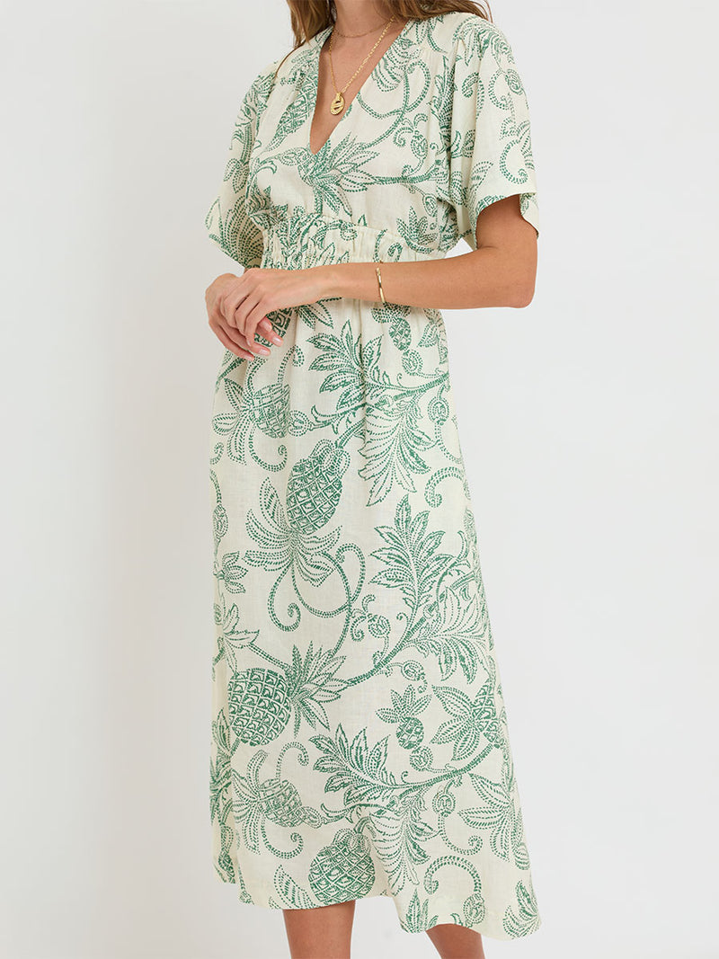 green pineapple dress Hermona Plunge - Mokata Green, With Tropical Pineapples - Size XS - Made in Africa declaunch