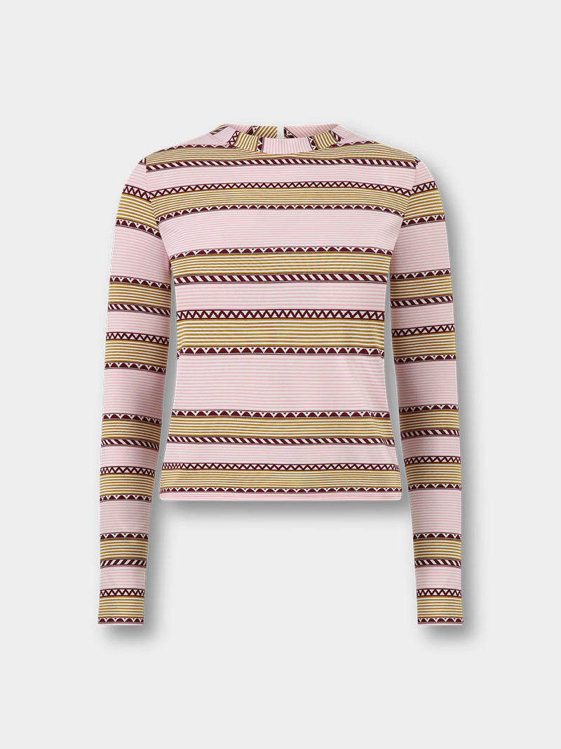 Product front shot of  lemlem AZEB Rashguard featuring detailed bands of deep burgundy, bronze, and pink stripes beautifully placed on a light cream 