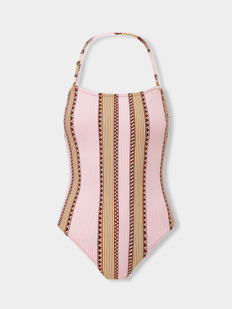 Product front shot of  lemlem DINHA One Piece featuring detailed bands of deep burgundy, bronze, and pink stripes beautifully placed on a light cream 