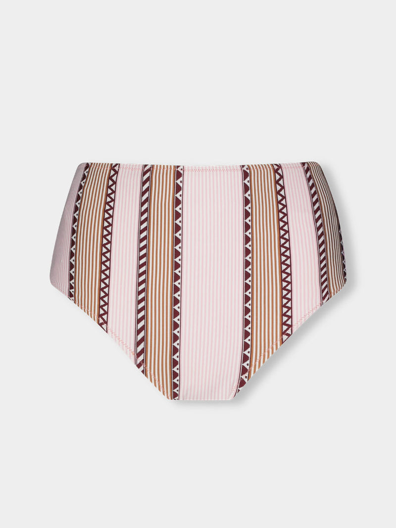 Product front shot of  lemlem ELSI High Waist Bottom featuring detailed bands of deep burgundy, bronze, and pink stripes beautifully placed on a light cream 