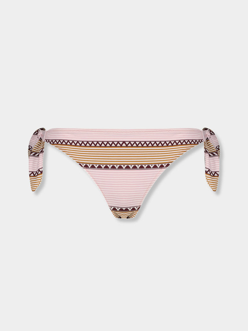 Product front shot of LUCY Side Tie Bottom featuring detailed bands of deep burgundy, bronze, and pink stripes beautifully placed on a light cream 
