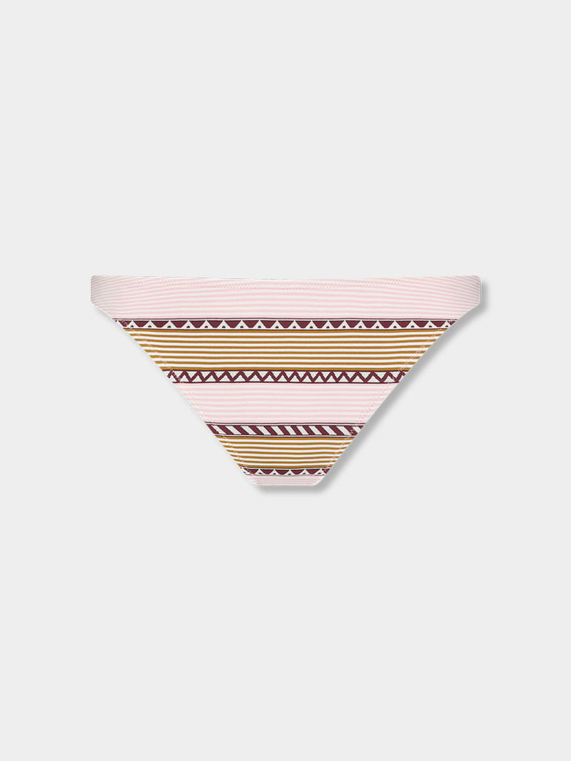 Product front shot of lemlem MERON Bottoms  featuring detailed bands of deep burgundy, bronze, and pink stripes beautifully placed on a light cream 