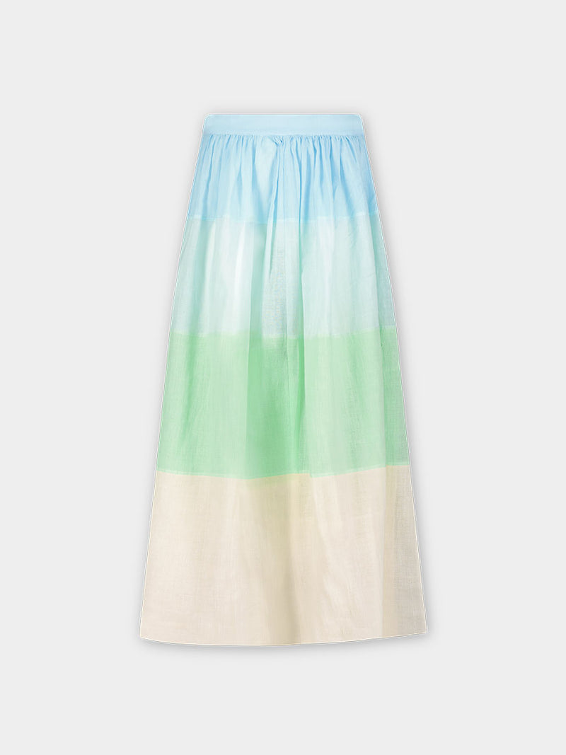 Product front shot of lemlem handwoven FREYE Skirt featuring light blue, aqua, mint, soft green and cream