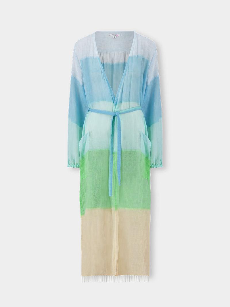 Product front shot of lemlem handwoven MATARA Robe featuring light blue, aqua, mint, soft green and cream
