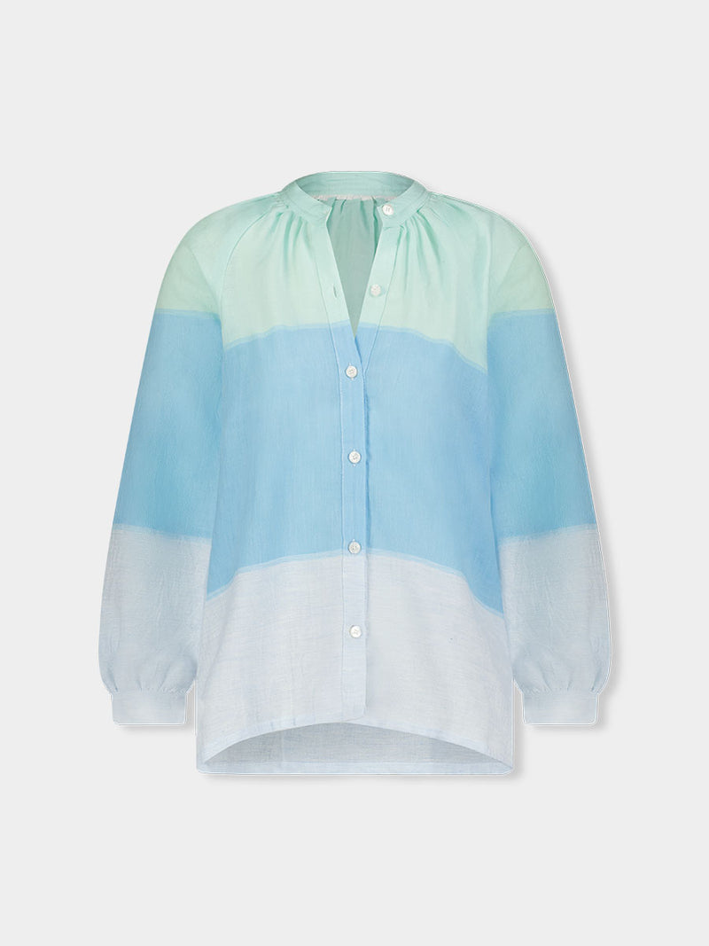 Product front shot of lemlem handwoven MITA Blouse featuring light blue, aqua, mint, soft green and cream