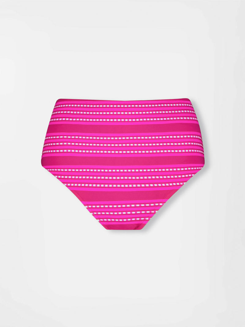 Product front shot of  lemlem ELSI High Waist Bottom featuring vibrant bright pink stripes accented with ivory dots, all set against a bold fuchsia background
