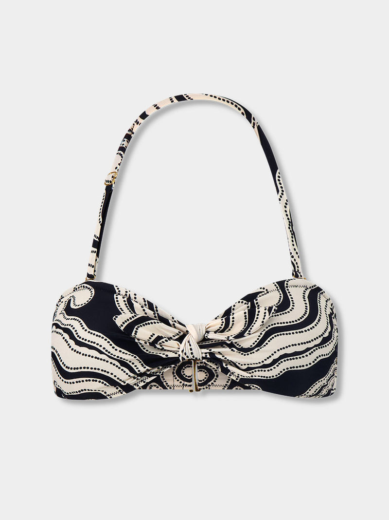 Product front shot of AVA Bandeau Top featuring ancient inspired pattern in creamy ivory perfectly grounded by rich black for a striking and timeless look.