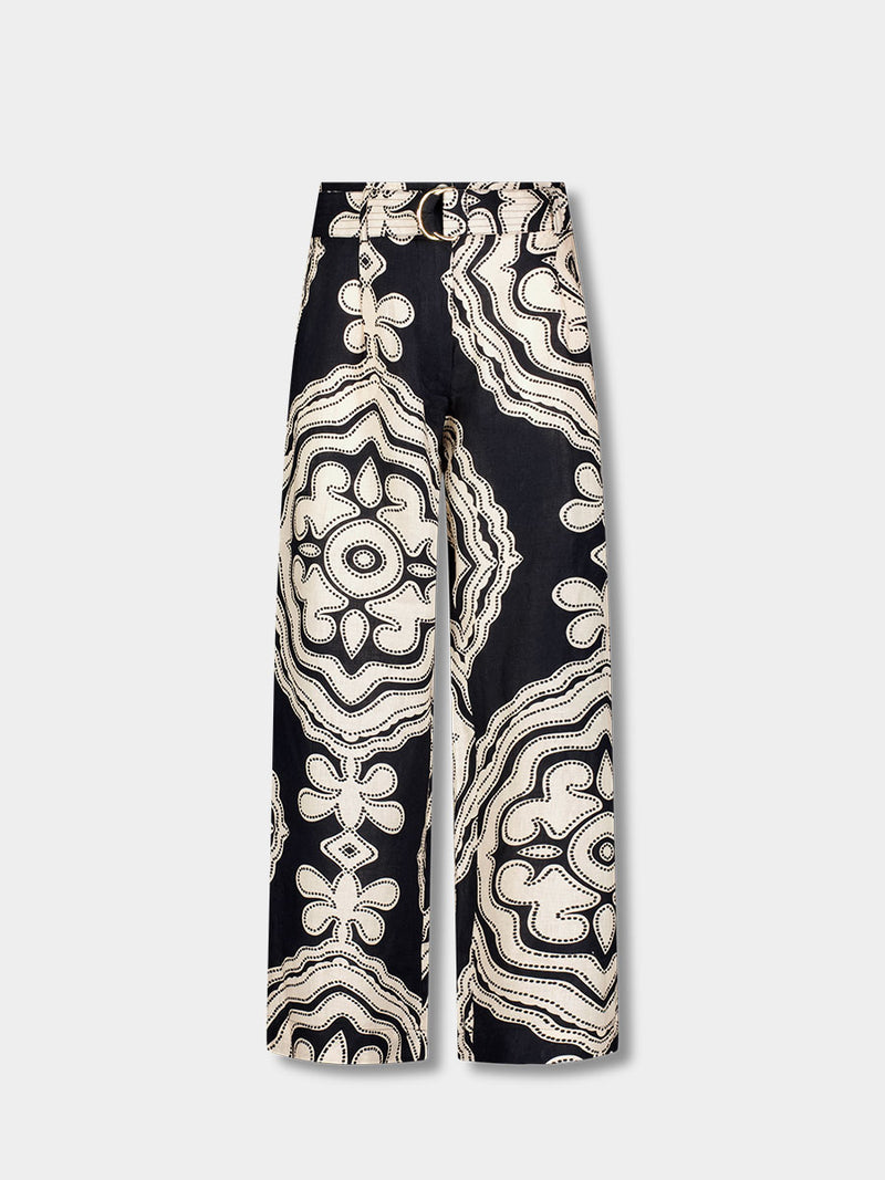 Product front shot of DIARRA Trousers featuring ancient inspired pattern in white color on black background