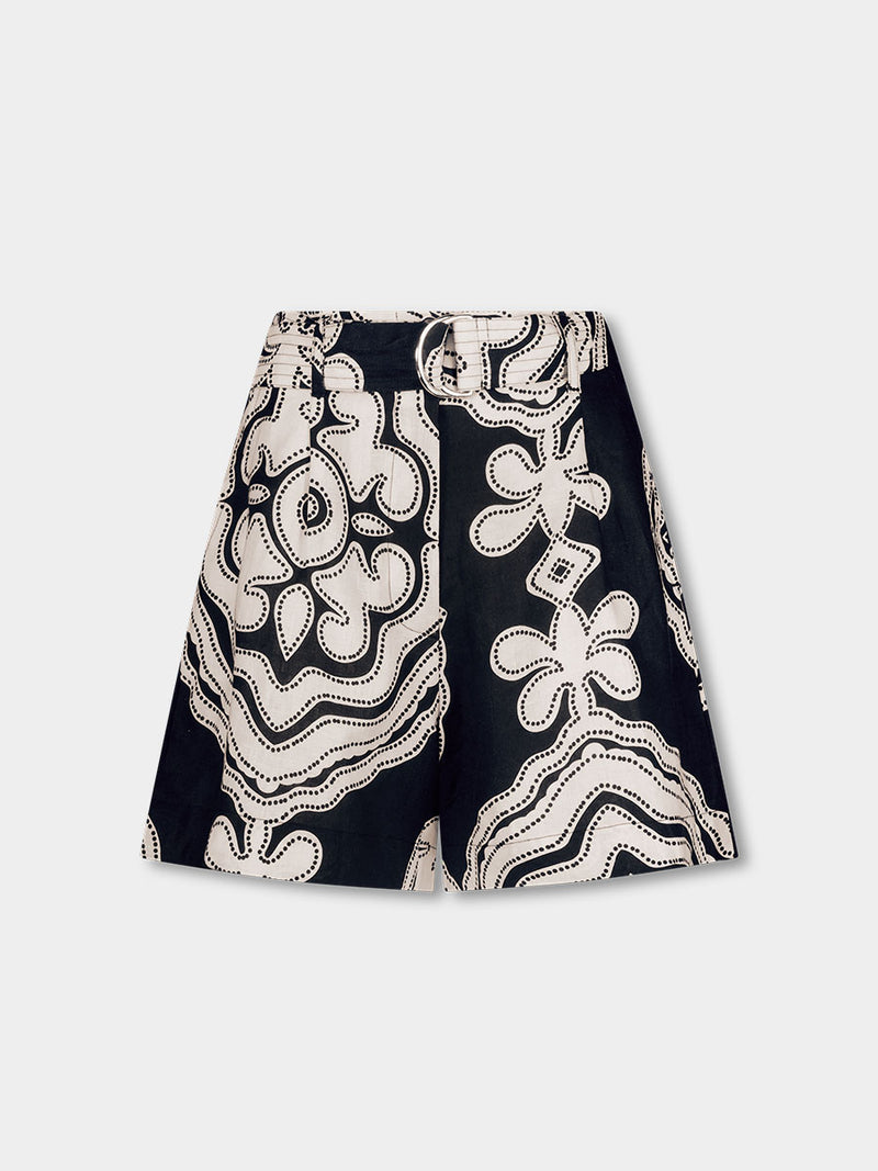 Product front shot of FAIZAH Shorts featuring ancient inspired pattern in white color on black background