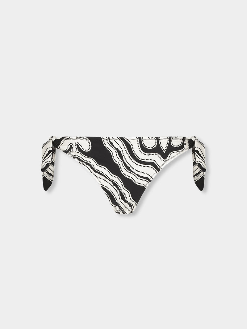 Product front shot of LUCY Side Tie  Bottom featuring ancient inspired pattern in creamy ivory perfectly grounded by rich black for a striking and timeless look.