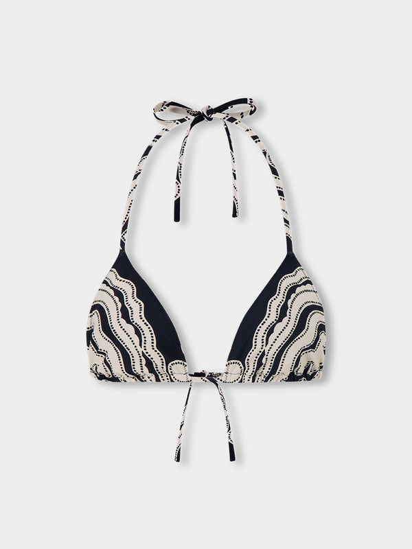 Product front shot of MALIA Triangle Top featuring ancient inspired pattern in creamy ivory perfectly grounded by rich black for a striking and timeless look.