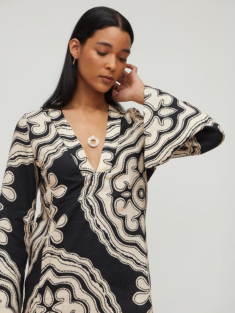 black and cream linen dress New In , Campbell Linen Midi Dress