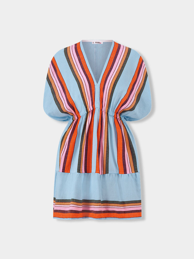Product front shot of lemlem ALEM Dress featuring  bold stripes in soft pink, tangerine, scarlet, forest green, and burgundy, set against a light aqua background.