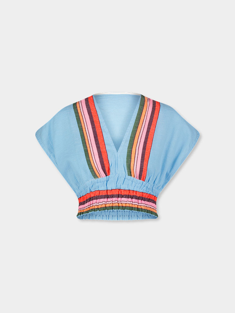 Product front shot of lemlem ALIA Plunge Top featuring color block stripe pattern in white on sky blue background and matching ALIA Plunge Top and ELSI High Waist bottom