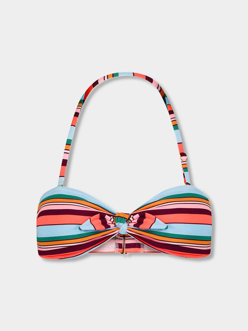 Product front shot of lemlem AVA Bandeau Top featuring color block stripe pattern in white on sky blue background and matching ALIA Plunge Top and ELSI High Waist bottom