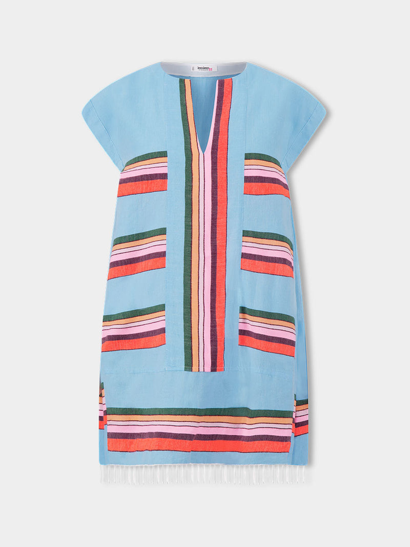 Product front shot of lemlem ELINA Caftan featuring  bold stripes in soft pink, tangerine, scarlet, forest green, and burgundy, set against a light aqua background.