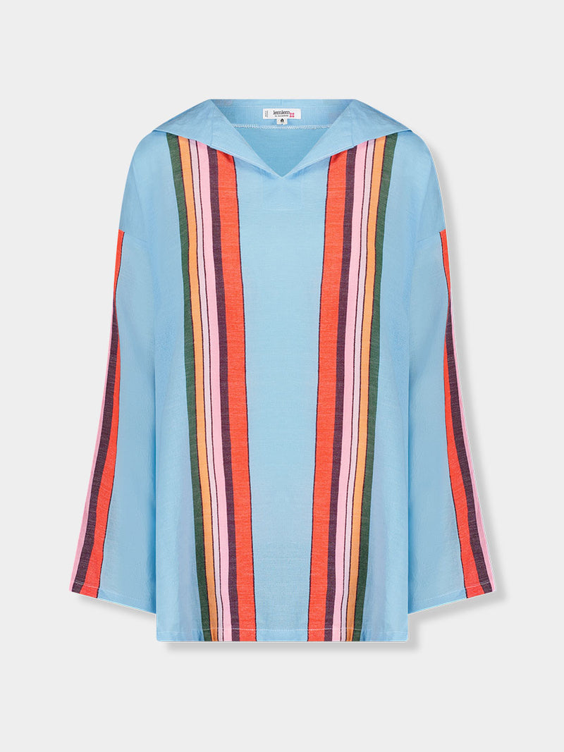 Product front shot of lemlem HENOK Hoodie featuring  bold stripes in soft pink, tangerine, scarlet, forest green, and burgundy, set against a light aqua background.