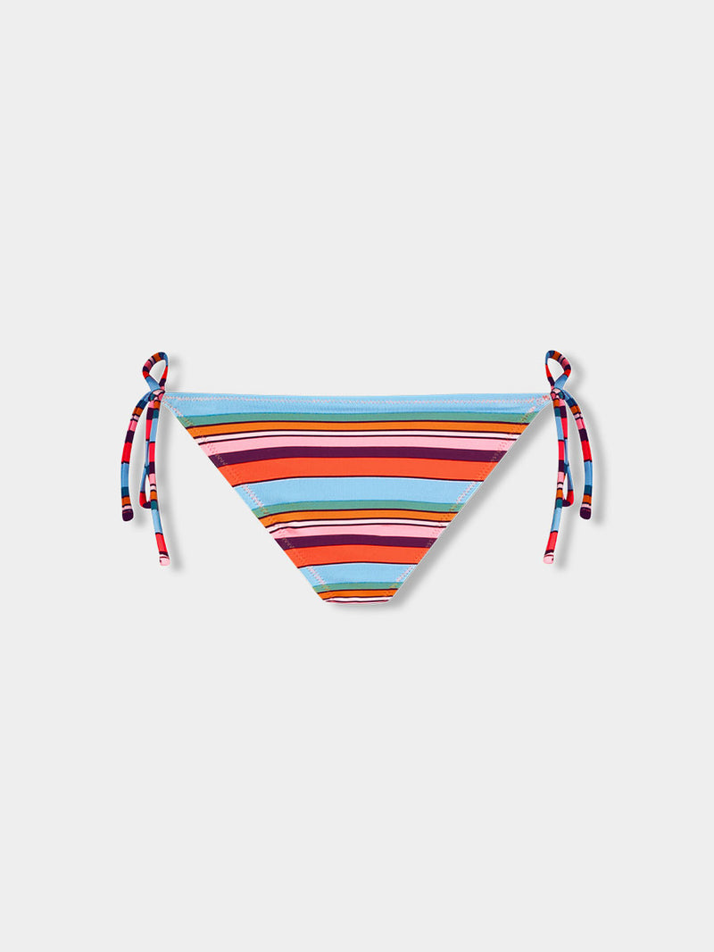 Product front shot of lemlem REKKA String Bottom featuring  bold stripes in soft pink, tangerine, scarlet, forest green, and burgundy, set against a light aqua background.