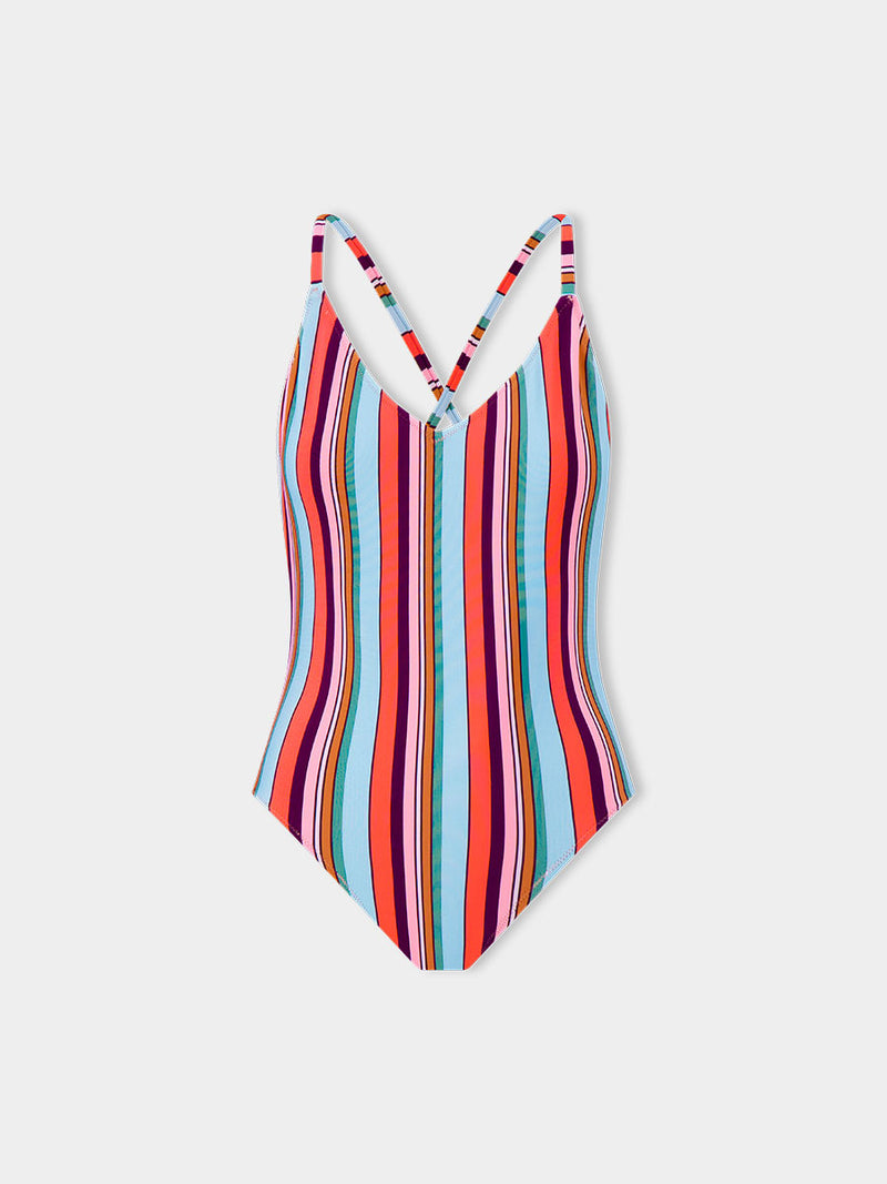 Product front shot of lemlem RETIRO One Piece featuring  bold stripes in soft pink, tangerine, scarlet, forest green, and burgundy, set against a light aqua background.