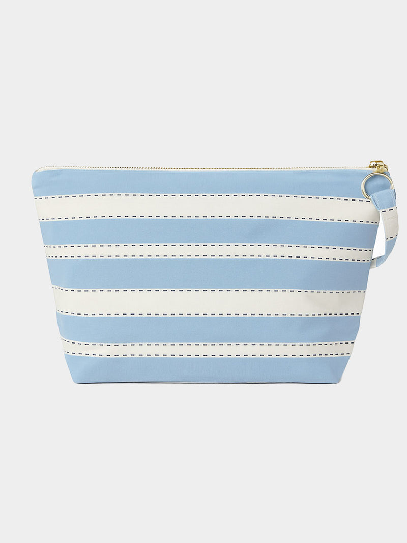 Striped pouch with blue and white stripes on a light gray background