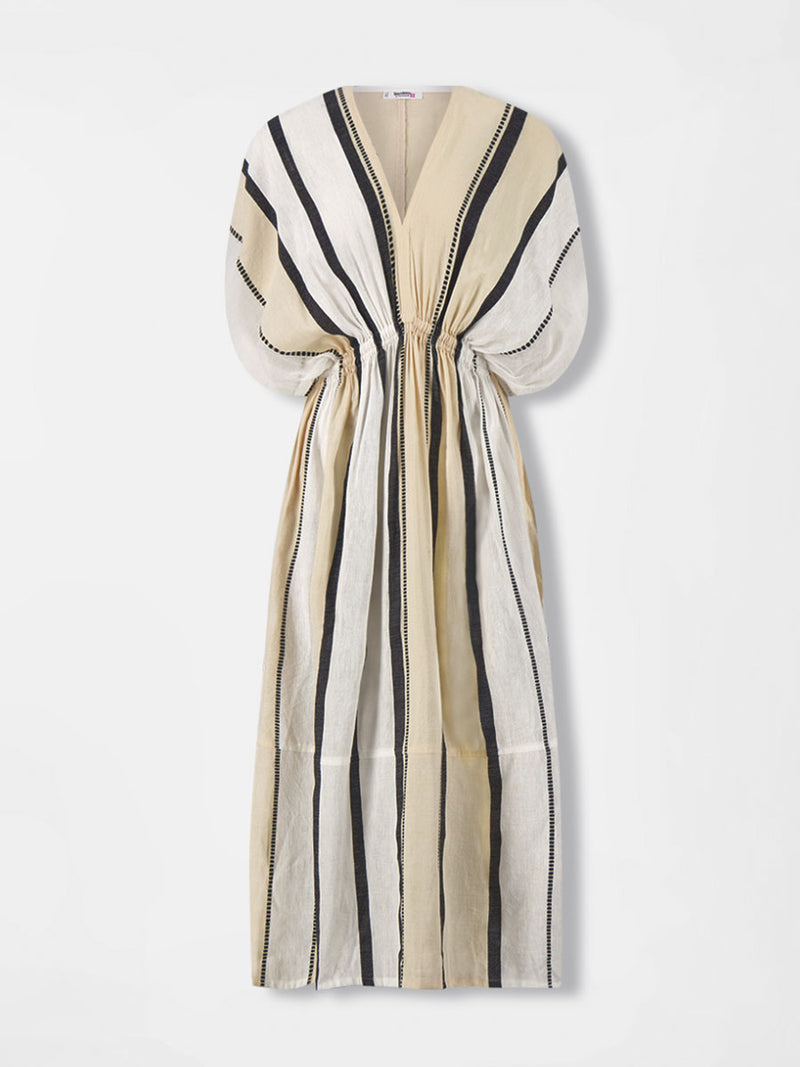 Product front shot of LEILA Dress featuring  refined palette of crisp white, soft cream, and deep black
