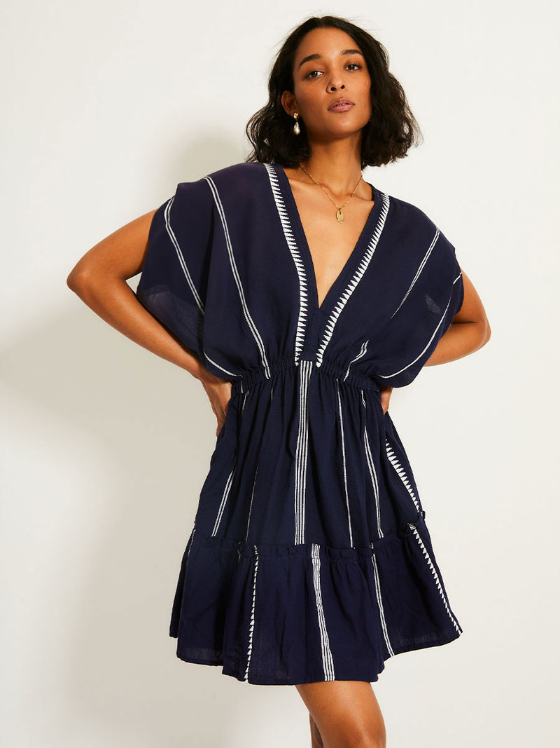 Nunu Short Plunge Neck Dress in Navy/Blue Size Large by Lemlem Nunu Short Plunge Neck Dress in Navy/Blue Size Large by Lemlem