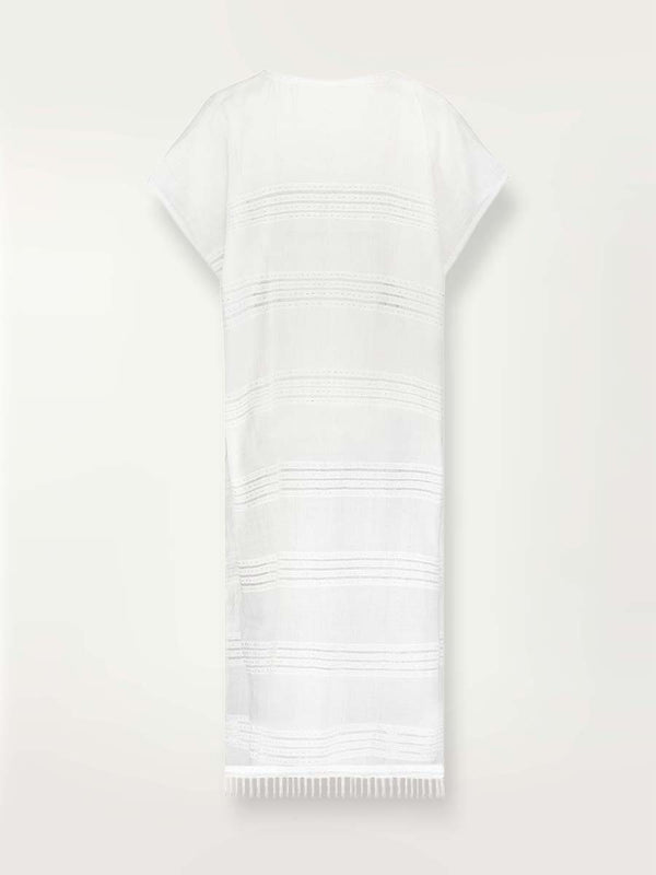 Product shot of the front of the white Abira classic caftan with stitches of silver lurex