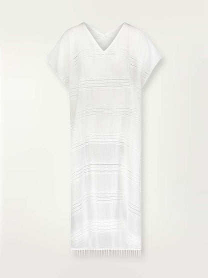 Product shot of the front of the white Abira classic caftan with stitches of silver lurex