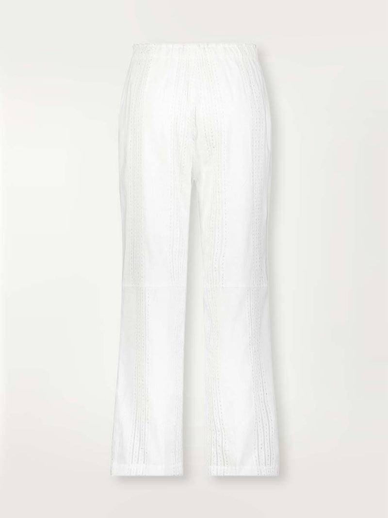 Product-shot of the back of the white Abira drawstring pants with stitches of silver lurex