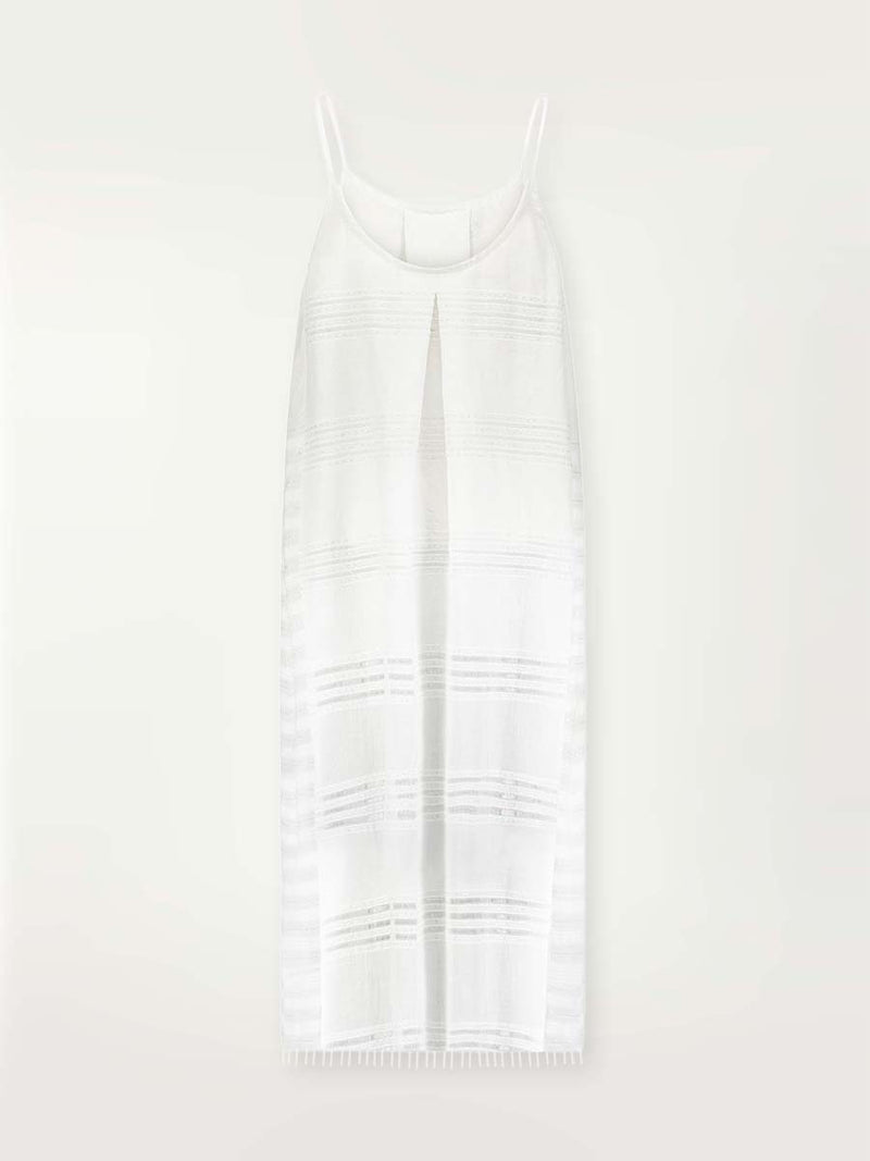 Product shot of the back of a white Abira long slip dress with spaghetti straps and stitches of silver lurex