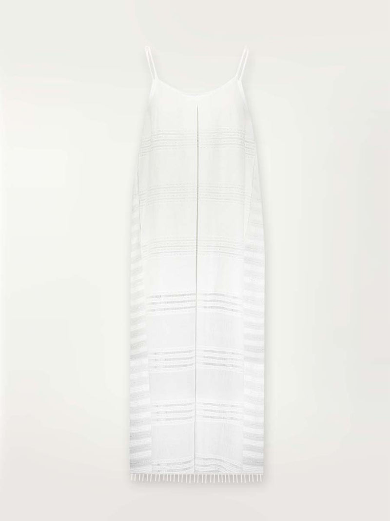 Product shot of the front of a white Abira long slip dress with spaghetti straps and stitches of silver lurex