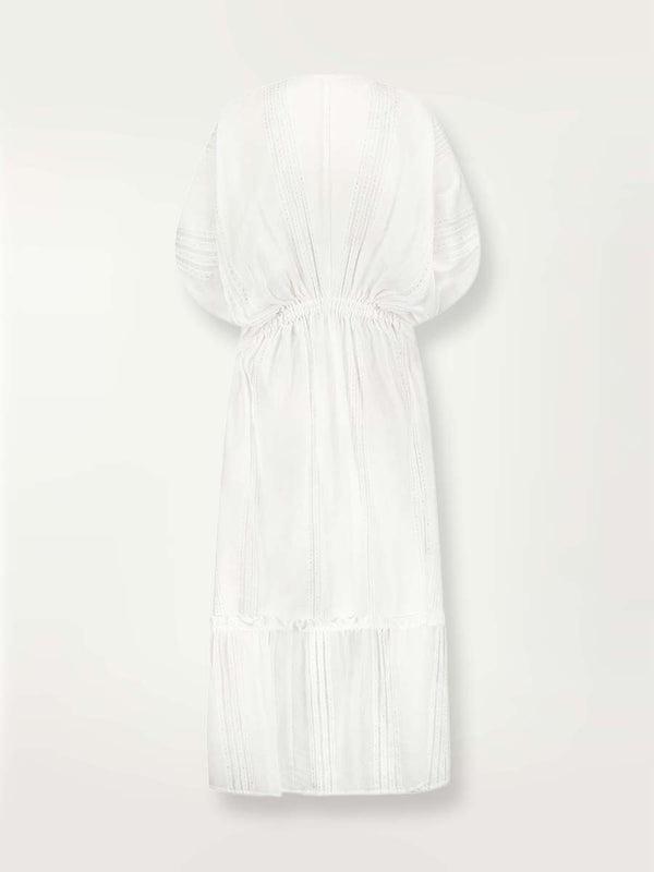 Product-shot  of the back of a white Abira plunge neck maxi dress with stitches of silver lurex