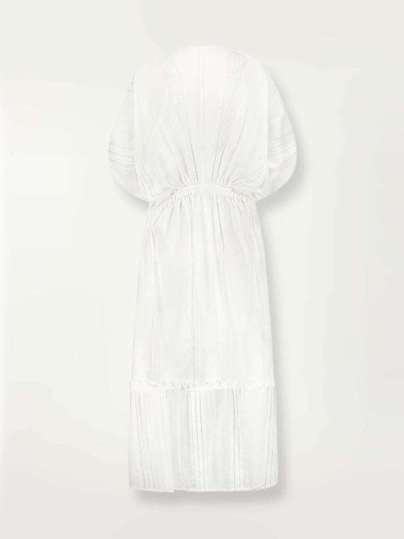 Product-shot  of the back of a white Abira plunge neck maxi dress with stitches of silver lurex