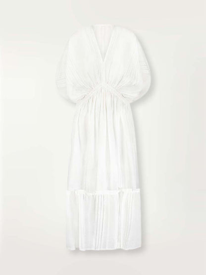 Product-shot of the front of white Abira plunge neck maxi dress with stitches of silver lurex