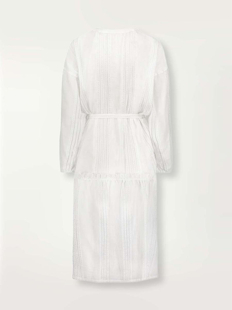 Product-shot of the back of the white Abira poet long shirt dress with waist tie and stitches of silver lurex