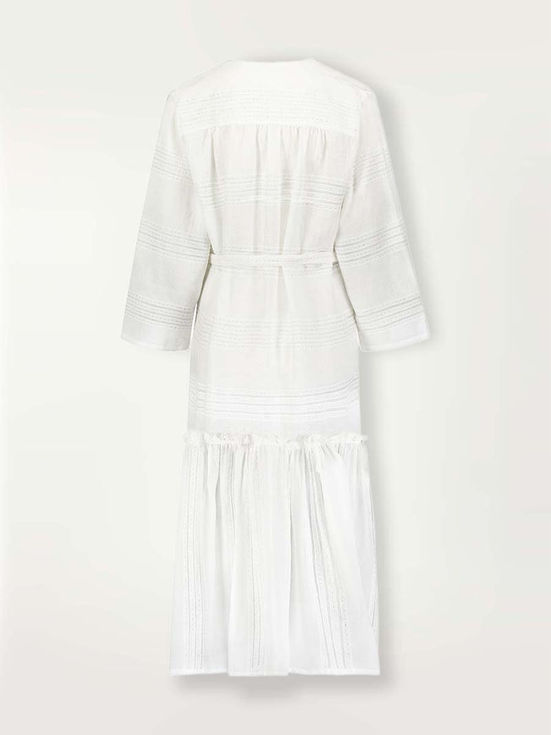 Product-shot of the back of the white Abira kimono style long robe with waist tie and silver lurex
