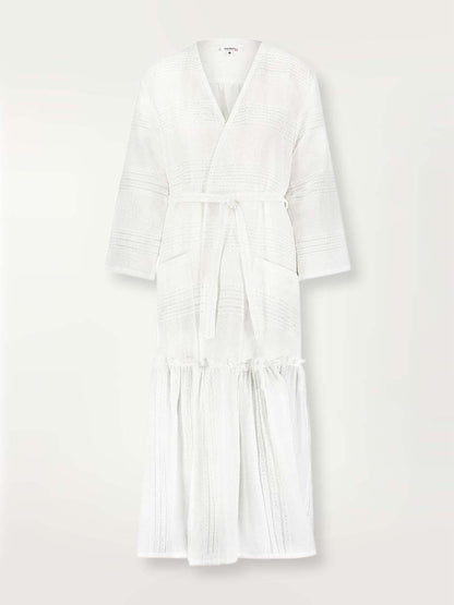 Product-shot fo the front of the white Abira kimono style long robe with waist tie and silver lurex