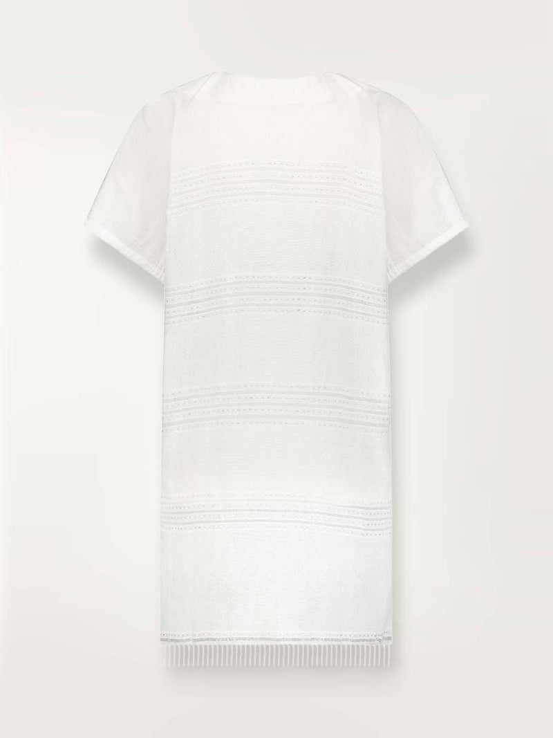 Product-shot of the back of the white Abira tunic dress with stitches of silver lurex